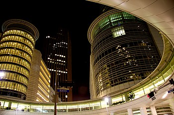 A picture of the Enron building, represents the Enron scandal.